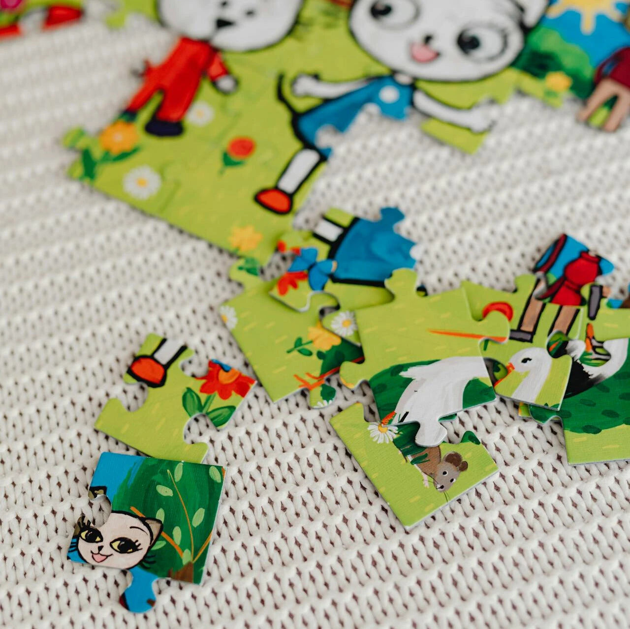 Colorful cartoon animal puzzle pieces on white mat