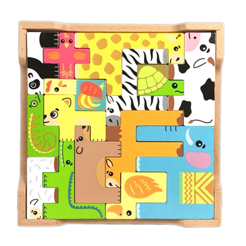 Flat, compact beech wood animal block puzzle, about 21 x 21.5 cm