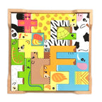 Flat, compact beech wood animal block puzzle, about 21 x 21.5 cm