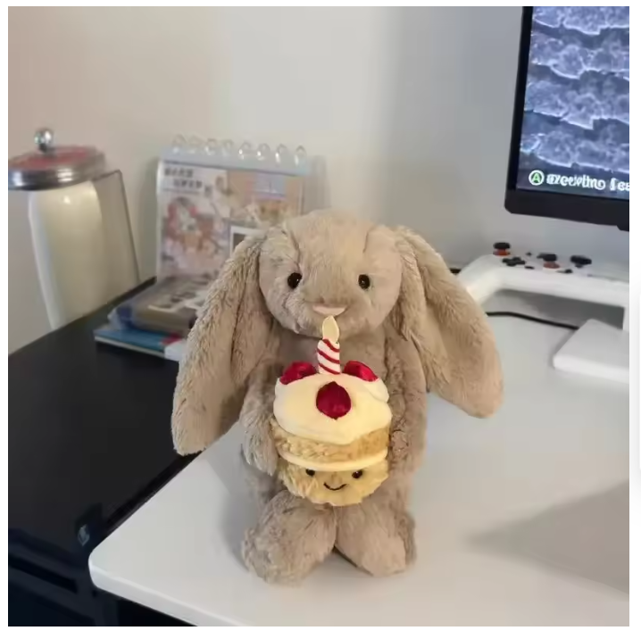 Shy Bonnie Rabbit Plush Doll with Birthday Cake
