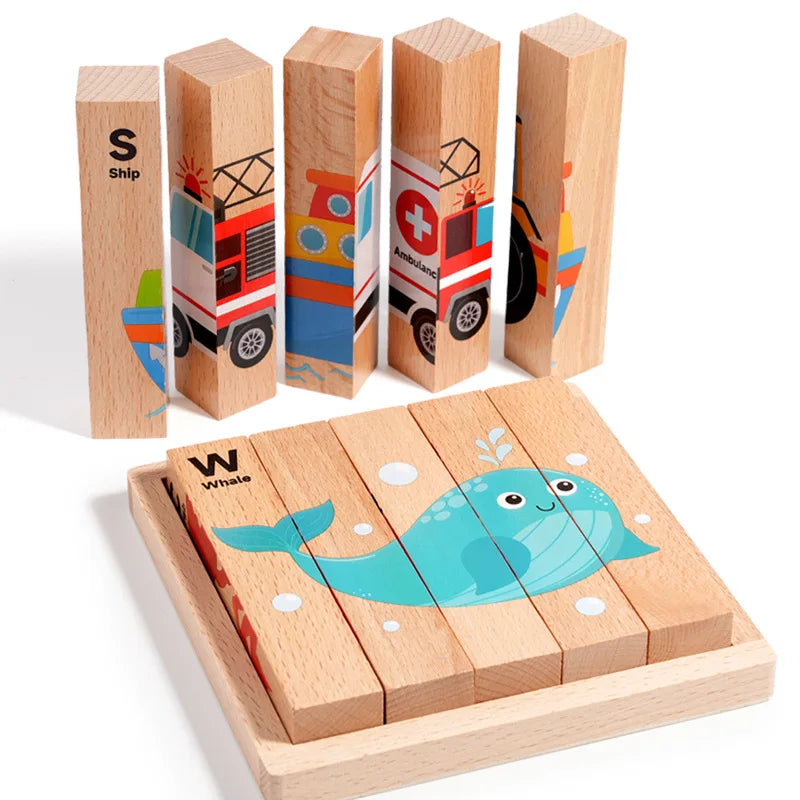 Montessori 3D Wooden Animal Transport Building Blocks Puzzle