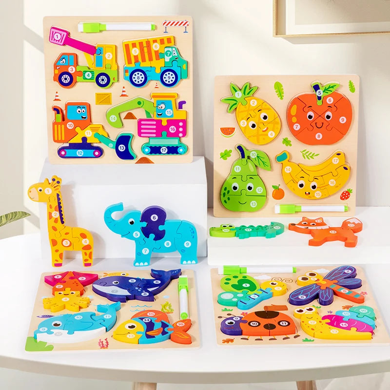 Wooden 3D Shape Puzzle with Drawing Board