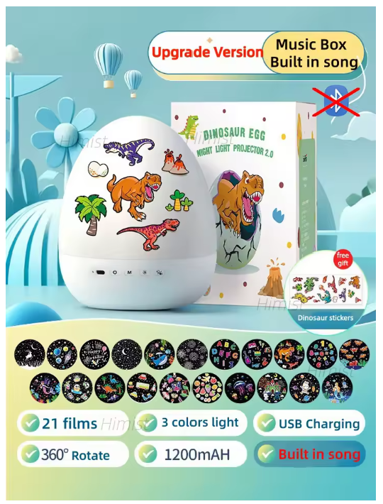 DinoGlow™ Projection Night Light-Rotating Star Projector with Music & Films